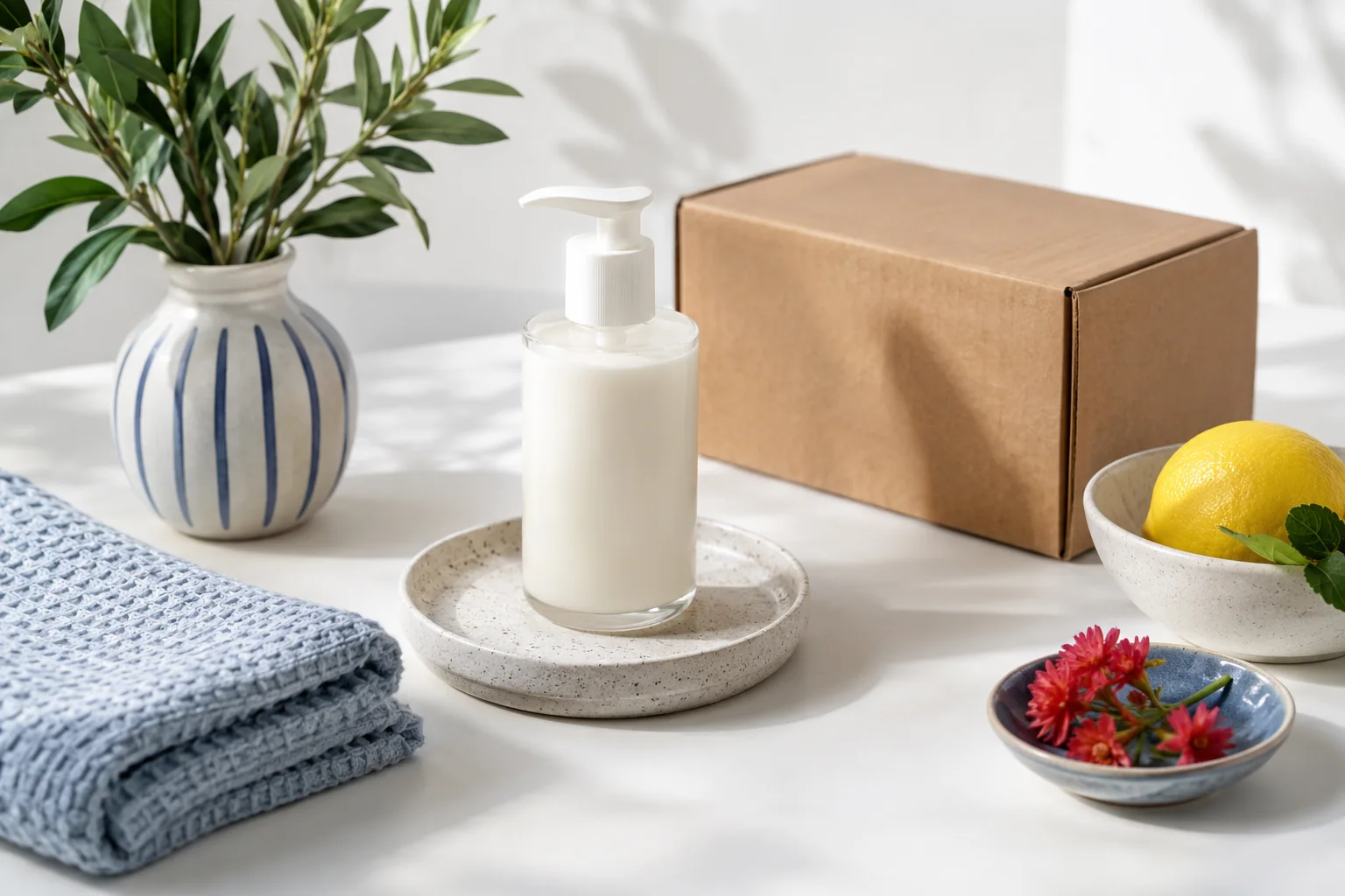 A curated product assortment and shipping parcel on a studio table