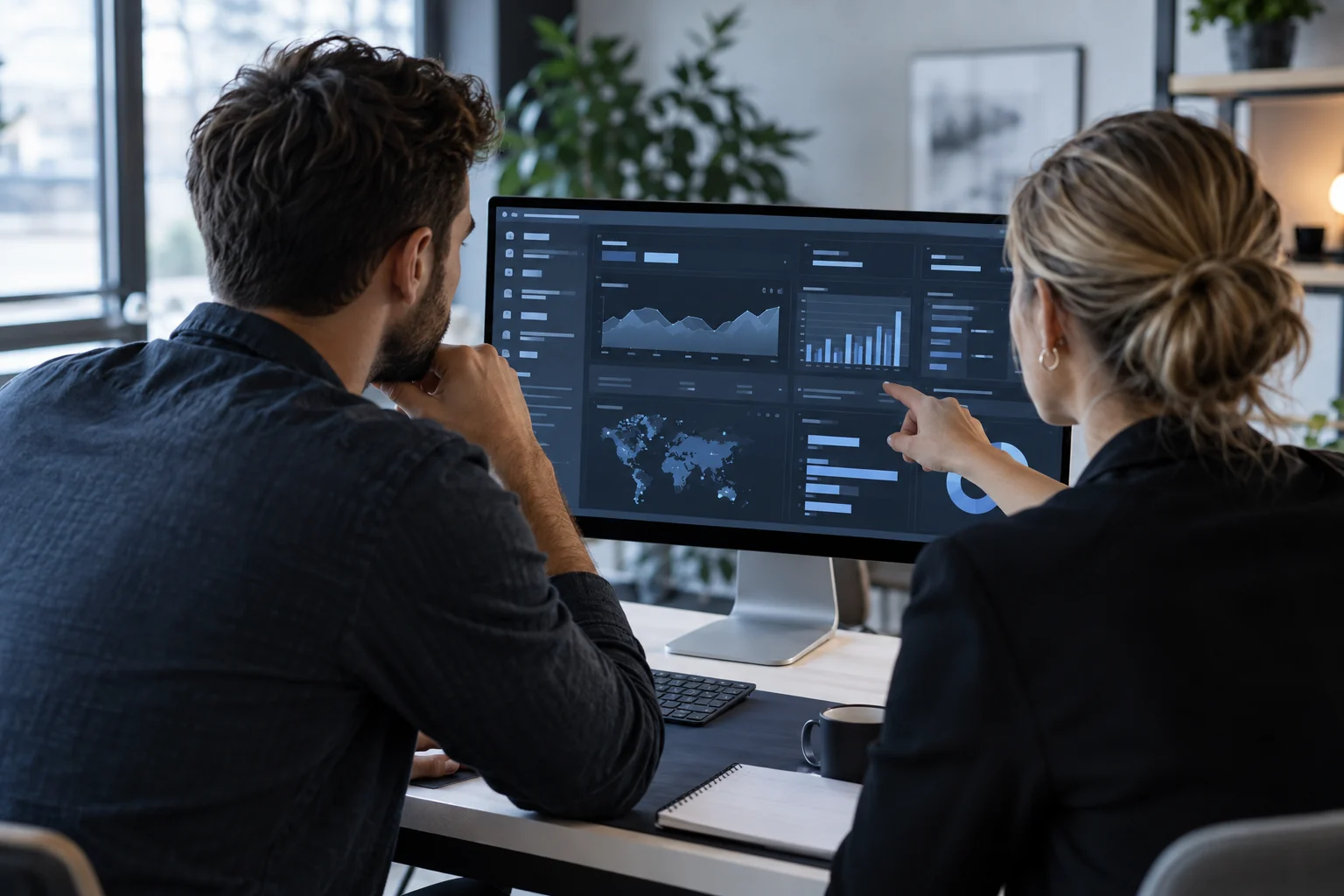 Two professionals reviewing a digital project at a workstation