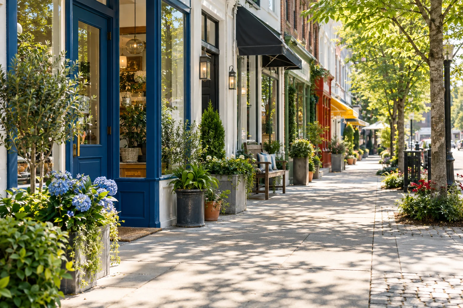 Independent neighborhood storefronts along a sunlit street