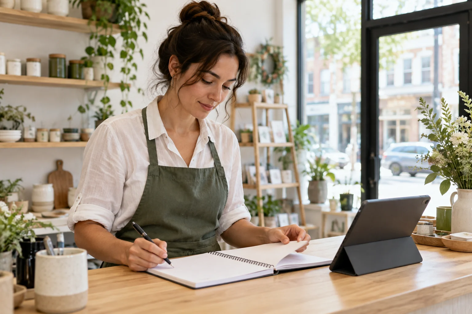 A shop owner reviewing an appointment planner at a counter